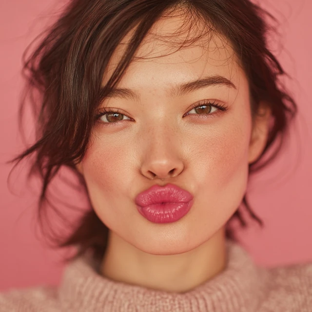 Korean Female Model CloseUp Pink Lipstick Soft Lighting