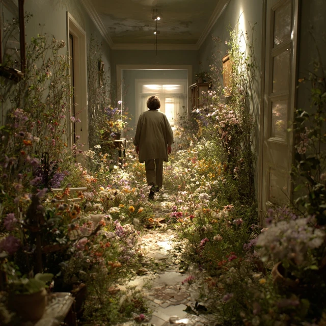 Dreamlike Hallway Old Woman Floral Scene