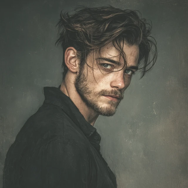 Handsome Man Portrait Dark Hair Stubble Intense Gaze