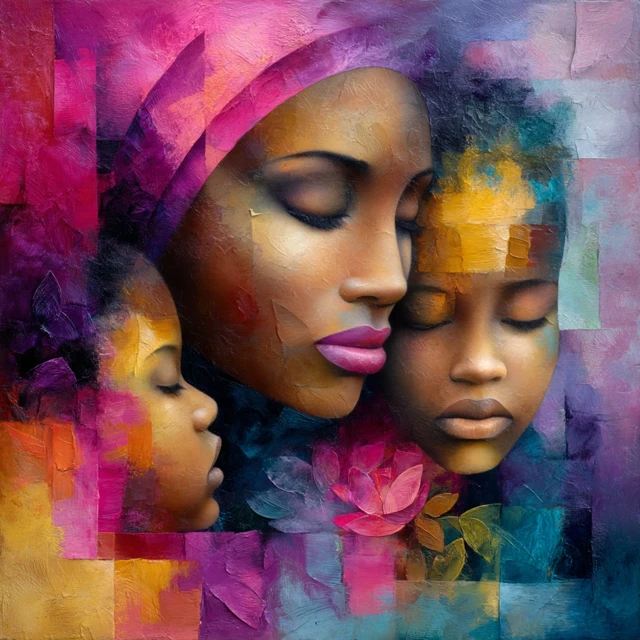 Cubist Art of African American Mother and Children