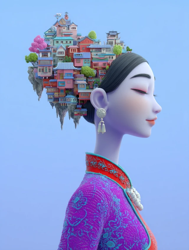 Dreamy Asian Woman Profile with Floating City