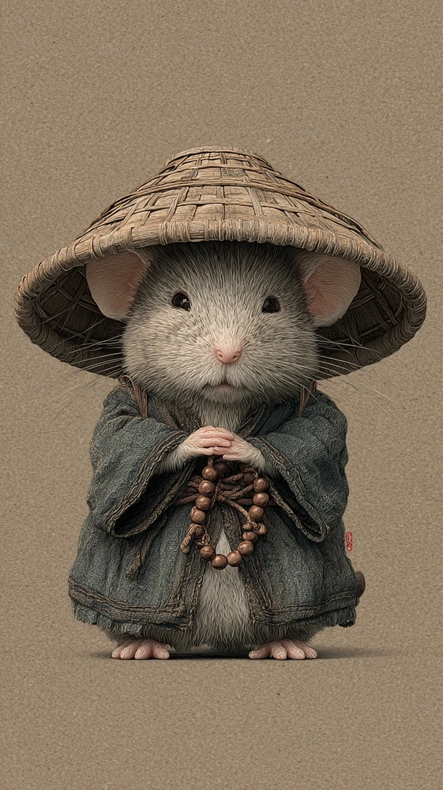 Cute Monk Mouse in Bamboo Hat Ancient Chinese Style