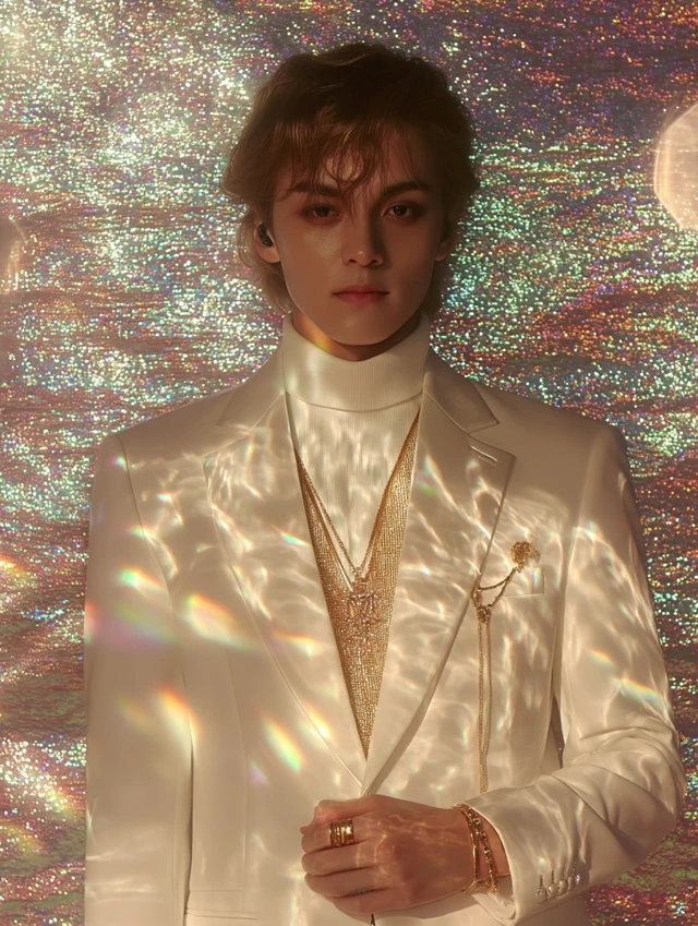Handsome KPop Idol in White Suit Gold Accessories
