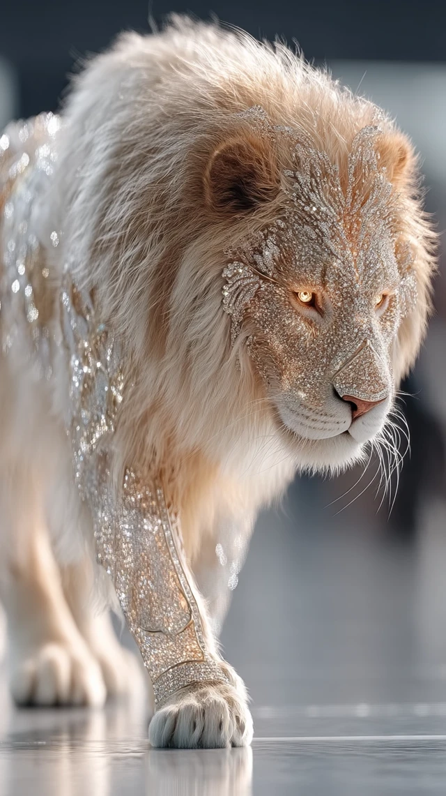 Diamond Lion: Majestic Gold and Gemstone Artwork