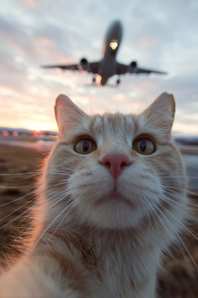Cat Takes Selfie Plane Landing Sunset