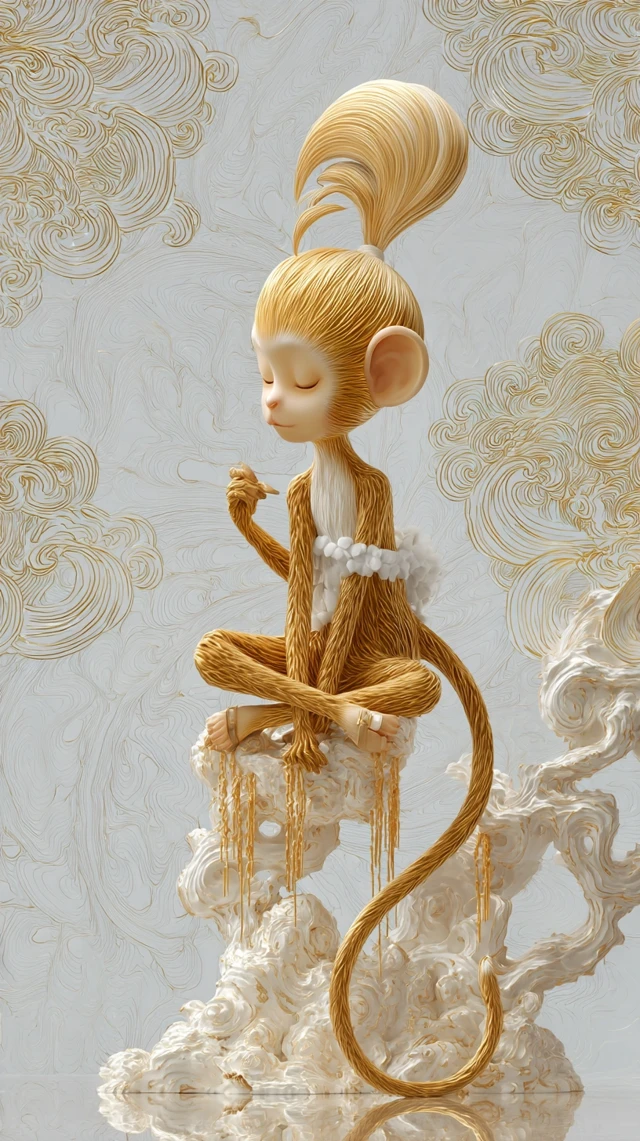 Golden Meditating Monkey Throne Art Illustration