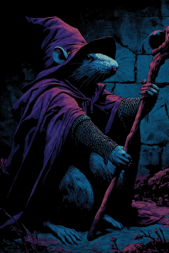Rat Wizard in Armor Medieval Woodcut Illustration