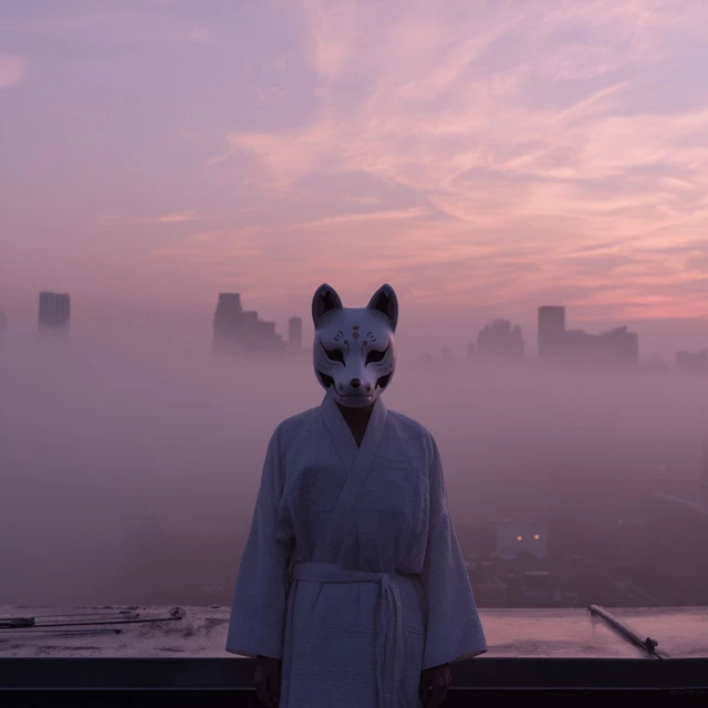 Kitsune Mask Figure on Rooftop at Dawn
