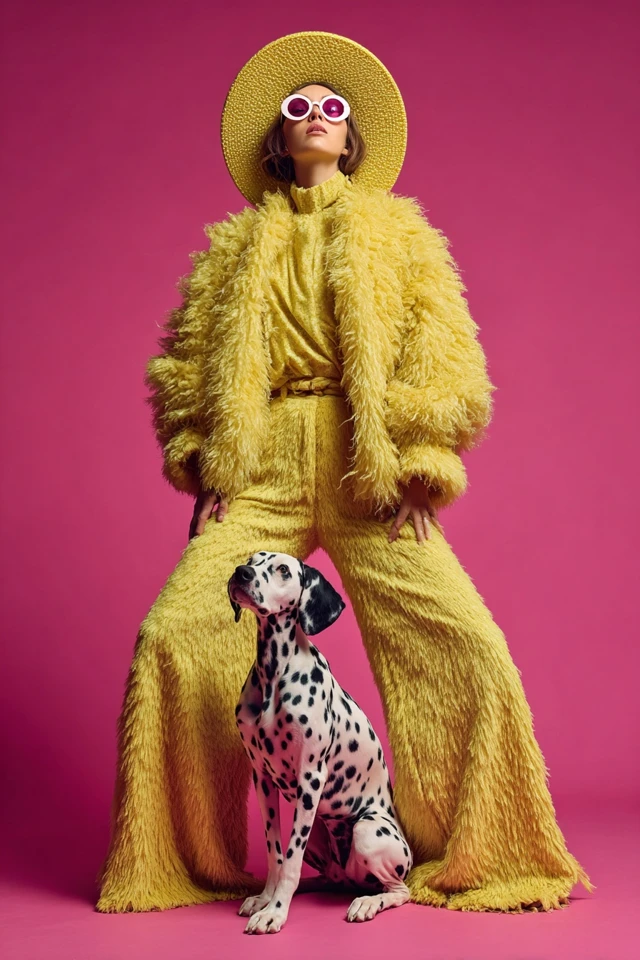 Fashion Portrait in Yellow Faux Fur with Dalmatian