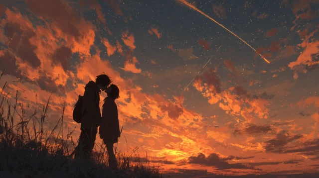 First Kiss Scene Romantic Sunset Illustration 16K