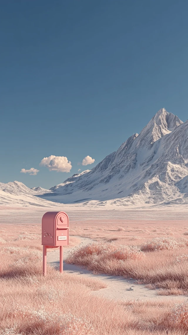 Surreal Mountain Landscape with Pink Mailbox