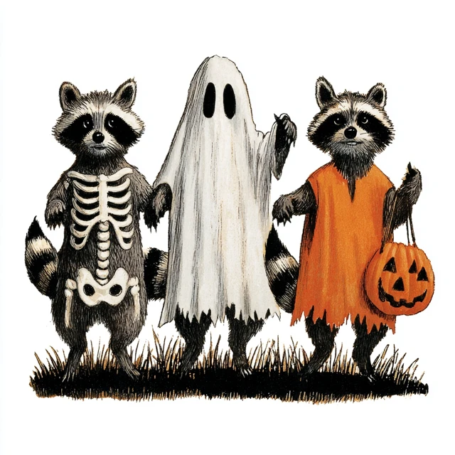 Halloween Raccoons Cartoon Illustration Vintage