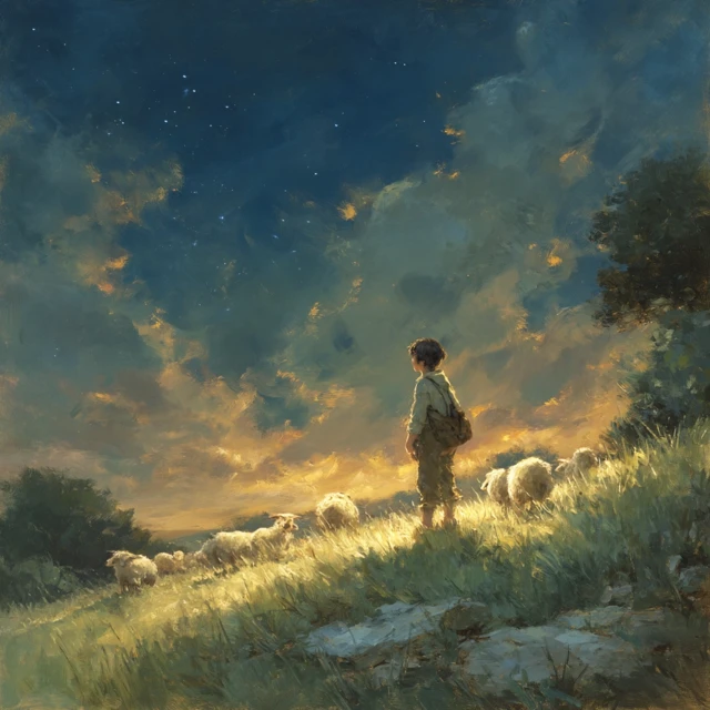 Shepherd Boy and Sheep Pastoral Oil Painting