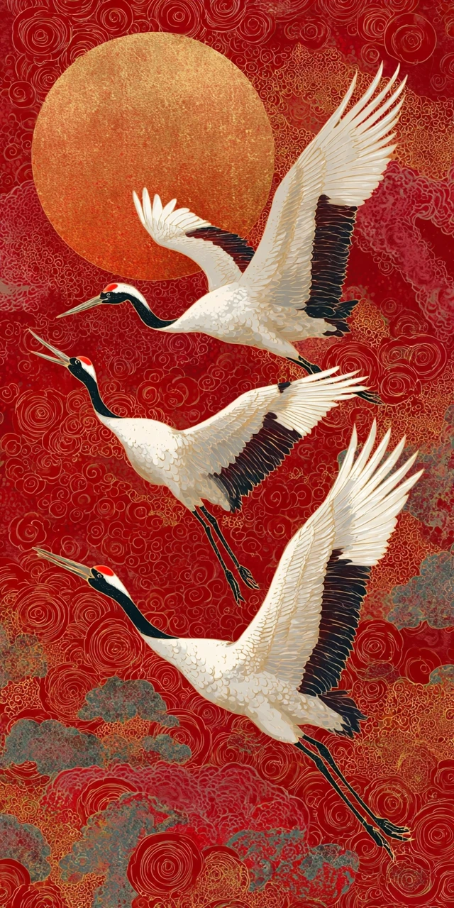 Red Crowned Cranes in Flight Chinese Art Painting