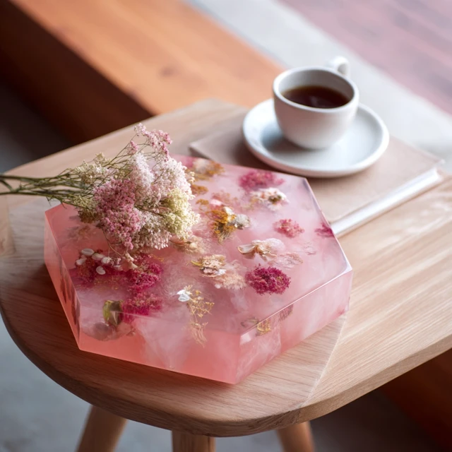 Pink Resin Side Table with Embedded Dried Flowers