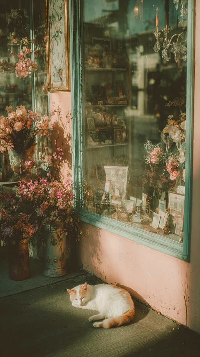 Vintage Cat Sleeping in City Storefront