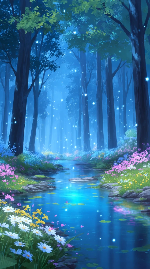 Anime Forest Stream Flowers Blue Sky Illustration