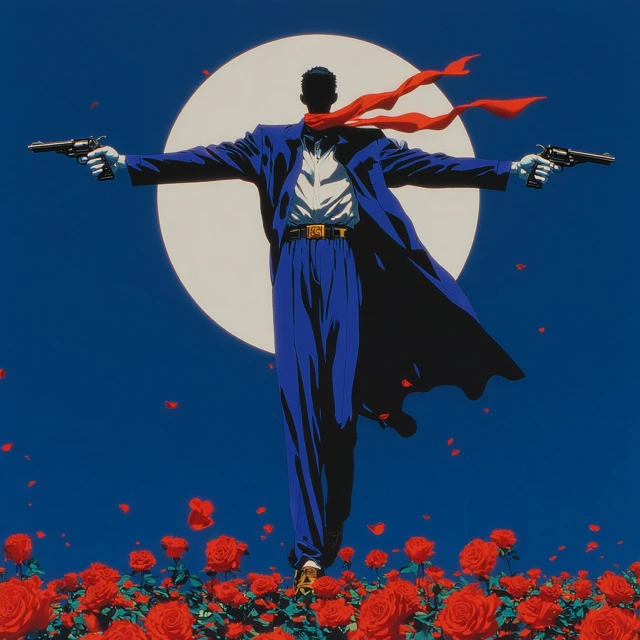 Anime Duelist on Rooftop with Pistols and Roses