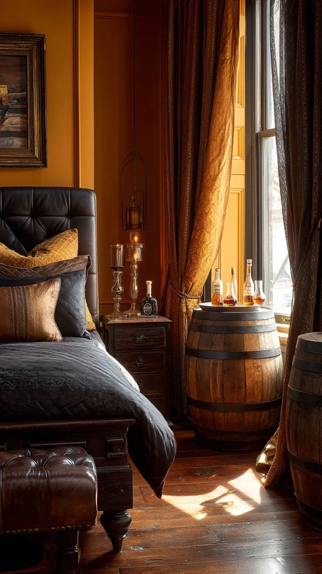 Cozy Bedroom Amber Walls Walnut Furniture