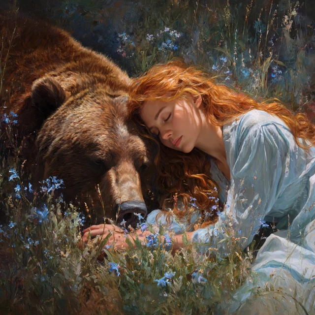 Fantasy Woman and Bear Meadow Painting