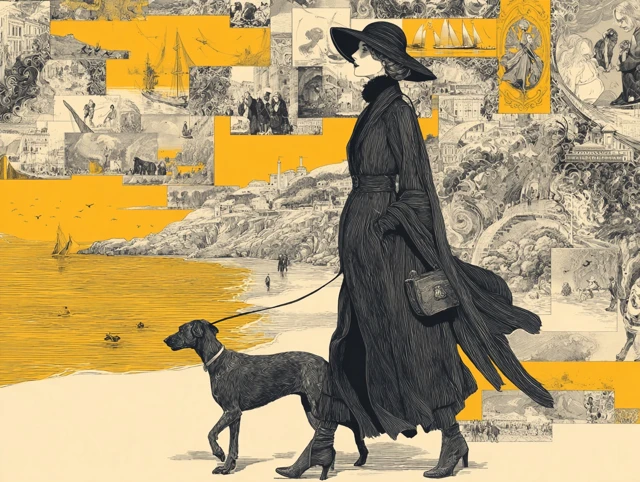 Art Deco Woman Walking Dog Illustration