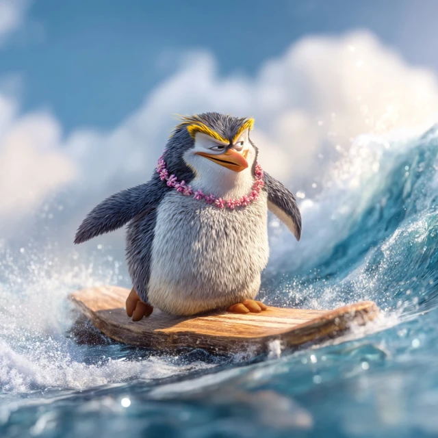 Surfing Penguin on a Wave 3D Animation