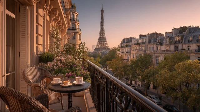 Paris Balcony View Eiffel Tower Sunrise Coffee