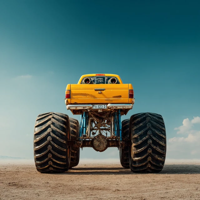 Yellow Monster Truck Rear View Against Blue Sky