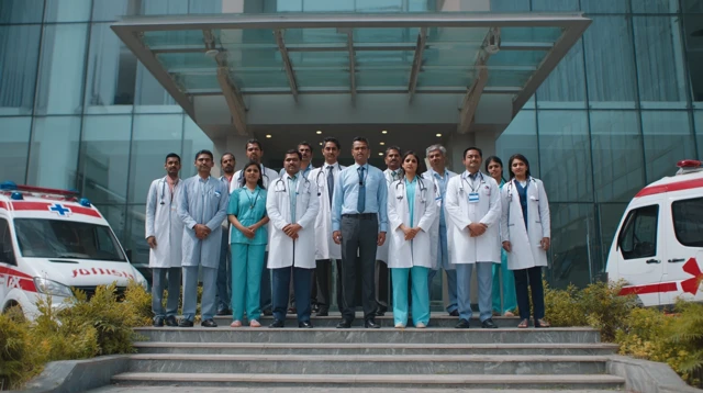 Indian Hospital Staff Team Standing Outside