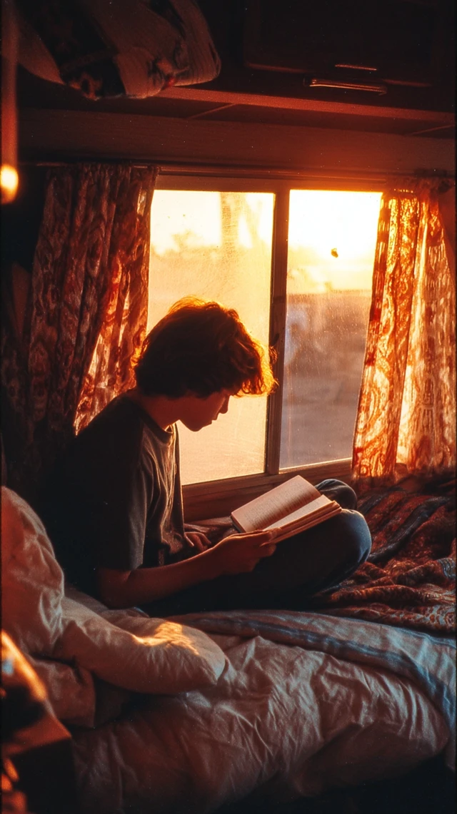 Boy Reading in Camper 1990s Sunset Kodak Shot