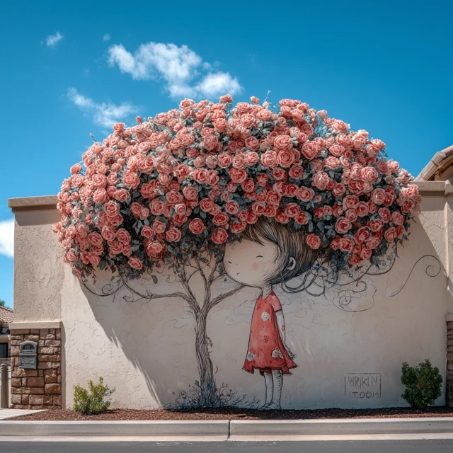 Floral Mural with Pink Roses and Cute Girl Illustration