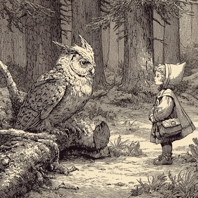 Owl and Girl in Forest Clearing Illustration
