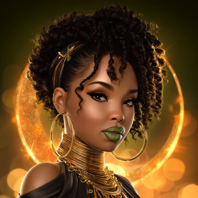 Black Woman Portrait with Gold Jewelry and Green Lipstick