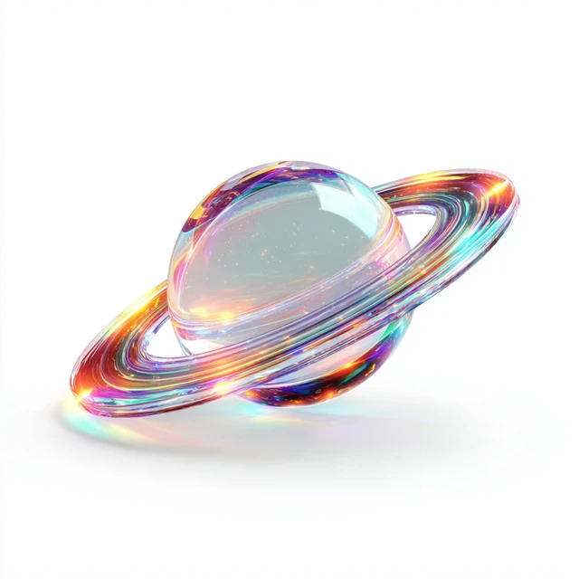 3D Holographic Saturn Icon Shimmering Rings Isolated