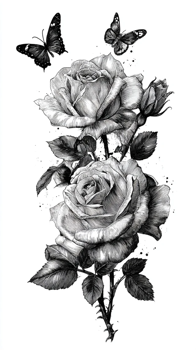 Elegant Roses and Butterflies Black Ink Illustration