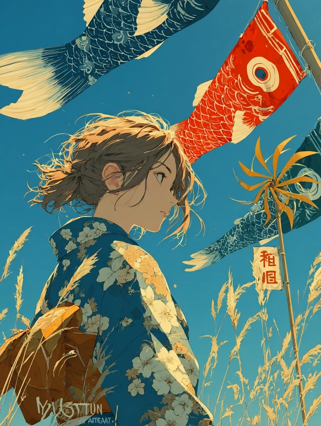 Anime Girl in Kimono with Koinobori