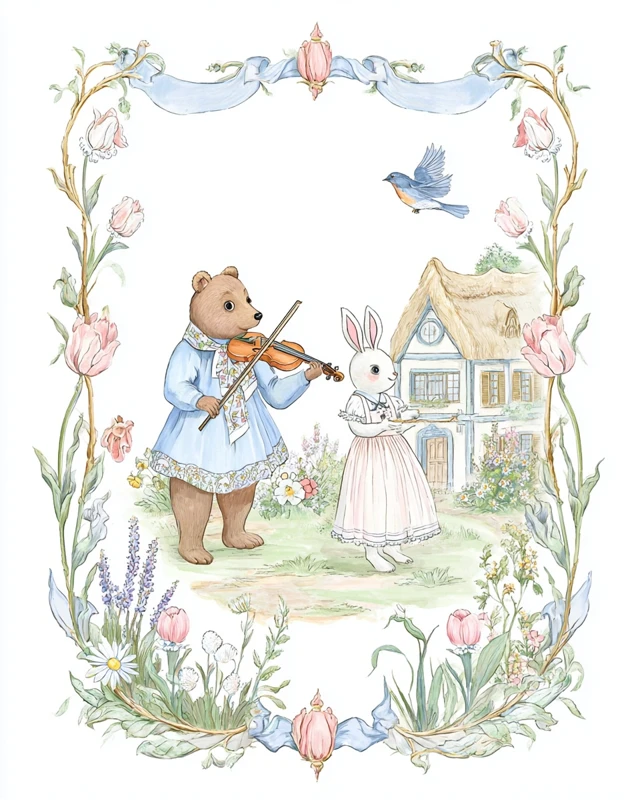Childrens Book Cover Bear Rabbit Garden Cottage
