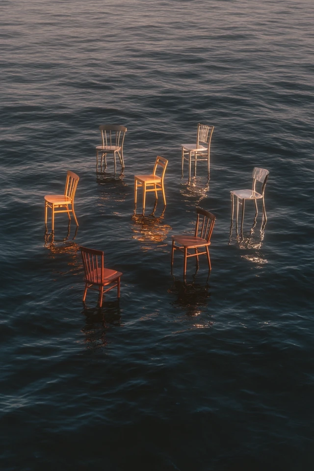 Designer Chairs on Ocean: Dreamlike Abstract Scene