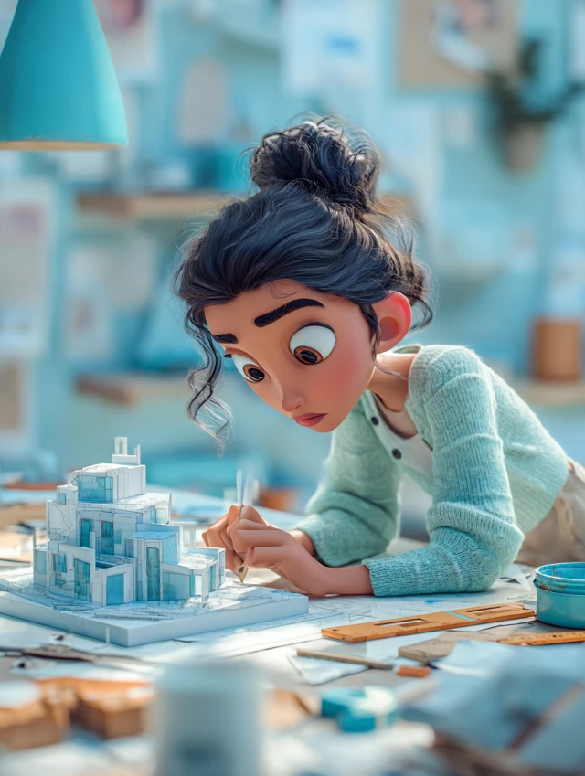 Latina Woman Pixar Style Working Architecture