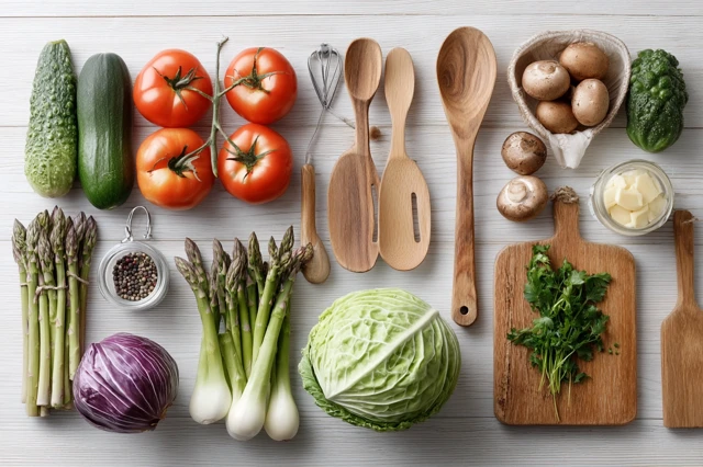 Fresh Vegetables and Cooking Tools Flat Lay
