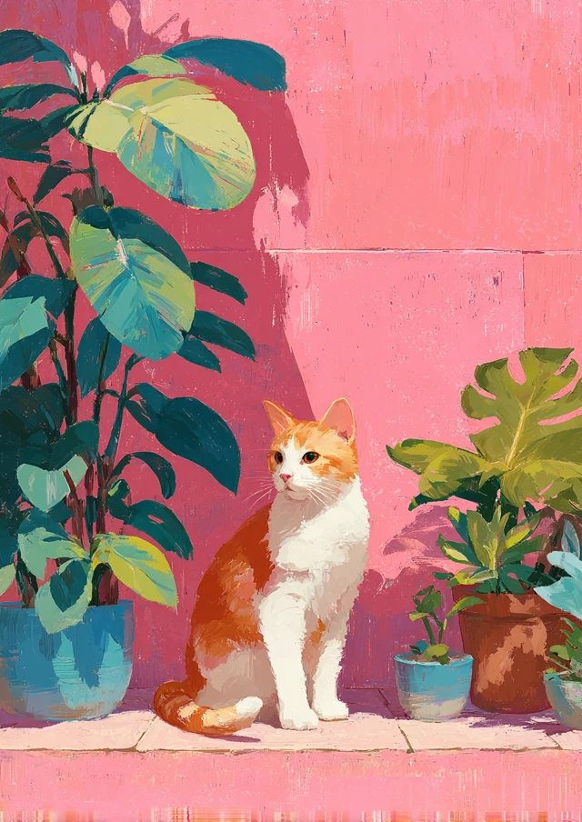 Retro Cat Painting Pastel Colors Plants