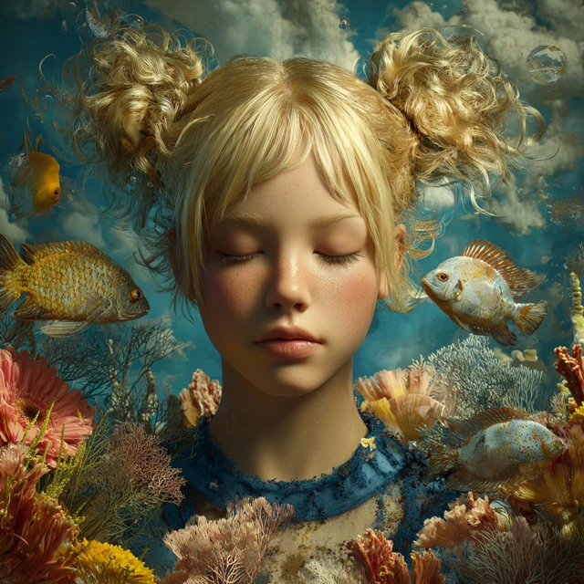 Dreamy Portrait Blonde Girl Underwater Fantasy