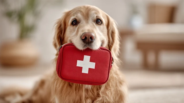 Golden Retriever with First Aid Kit Ready to Help