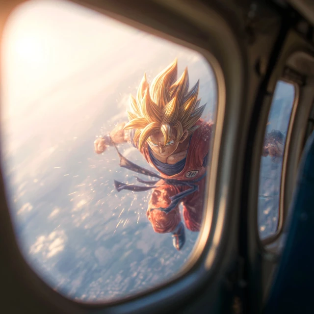 Super Saiyan Goku Flying Outside a Helicopter Window