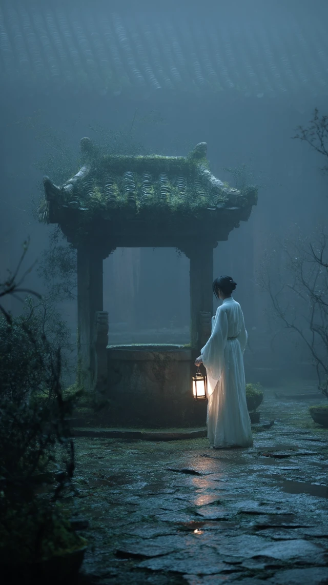 Ancient Chinese Girl in Foggy Courtyard
