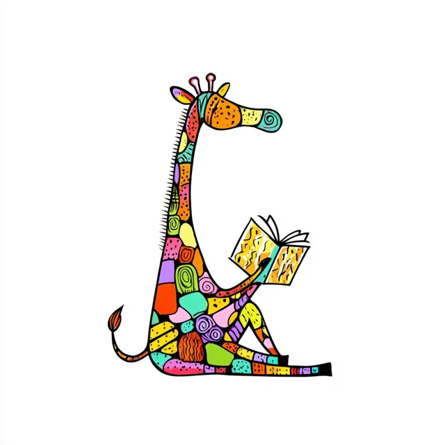 Funny Giraffe Reading Book Doodle Art