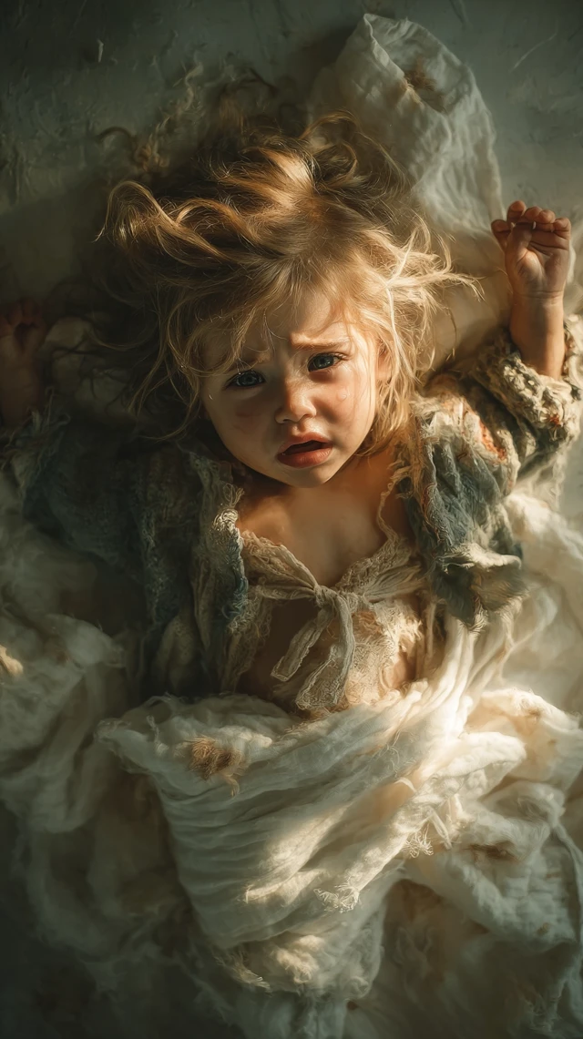 Heartrending Portrait Crying Infant Wrapped in Linen