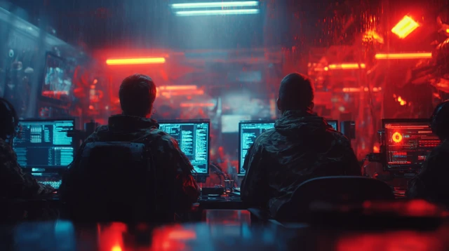Cyber Battle Epic Scene Red vs Blue Futuristic Warfare