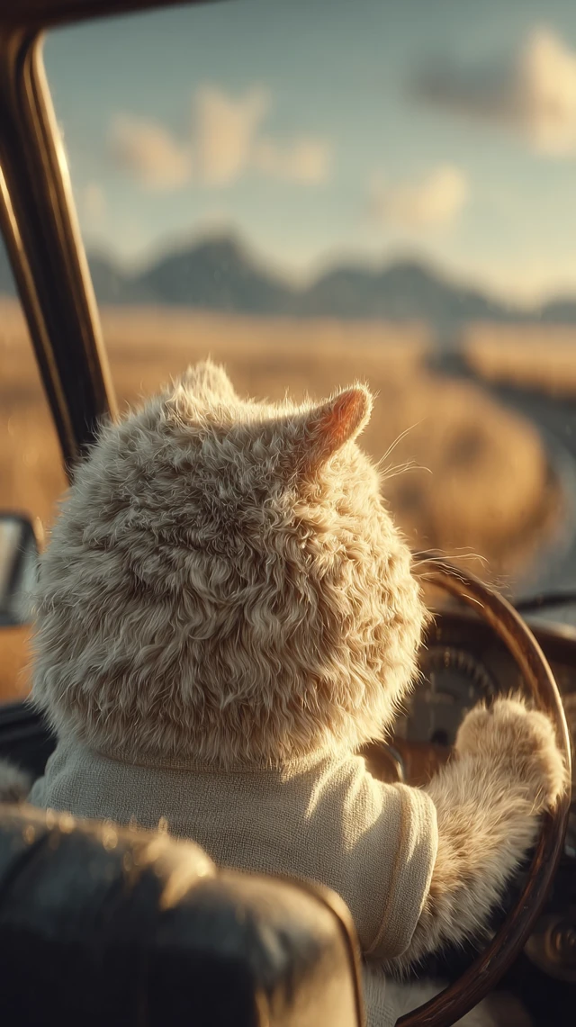Cute Cat Driving Car Photorealistic Scene