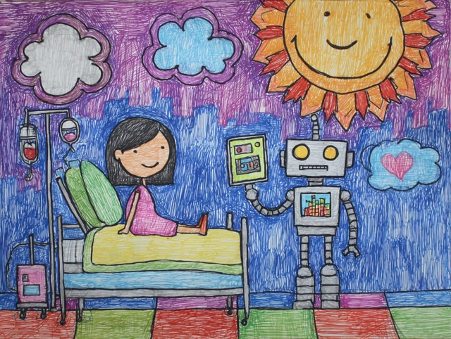 Robot Doctor and Girl Cartoon Illustration